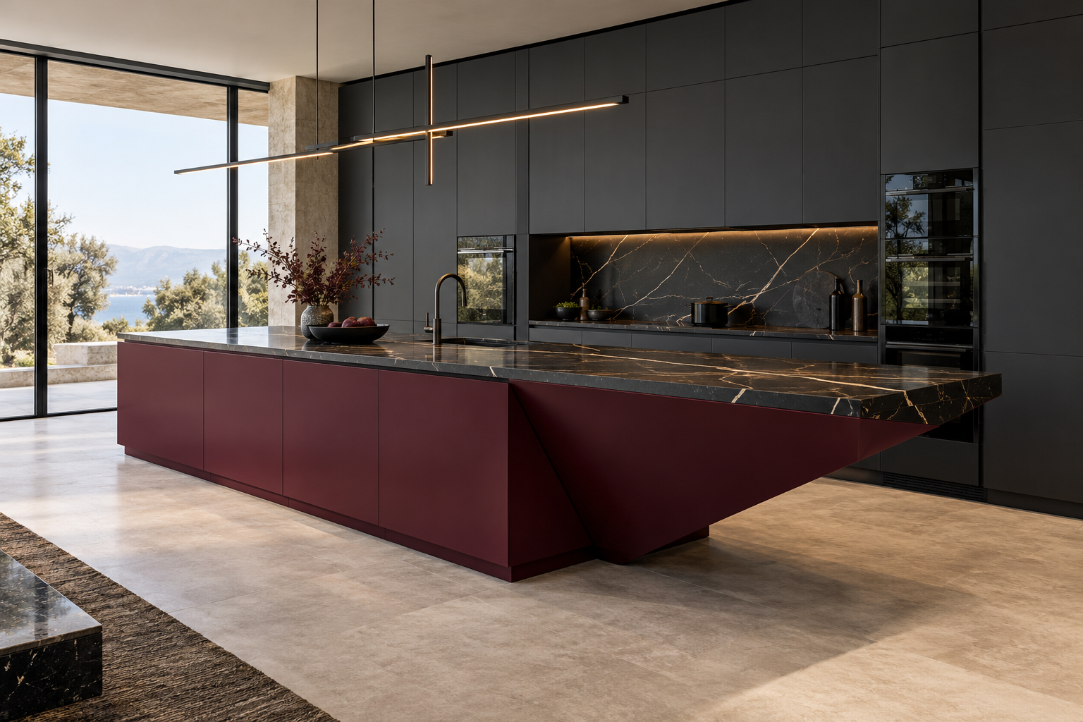 Bold modern kitchen with handleless charcoal cabinetry, an aubergine island and dramatic dark stone