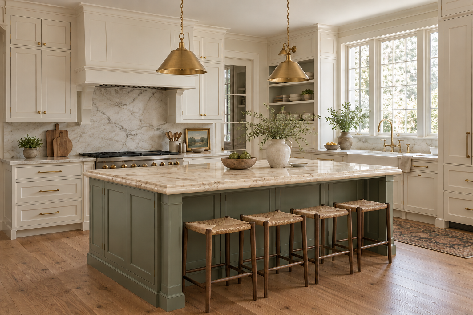 Classic painted kitchen with a sage island and cream stone countertop with an ogee edge