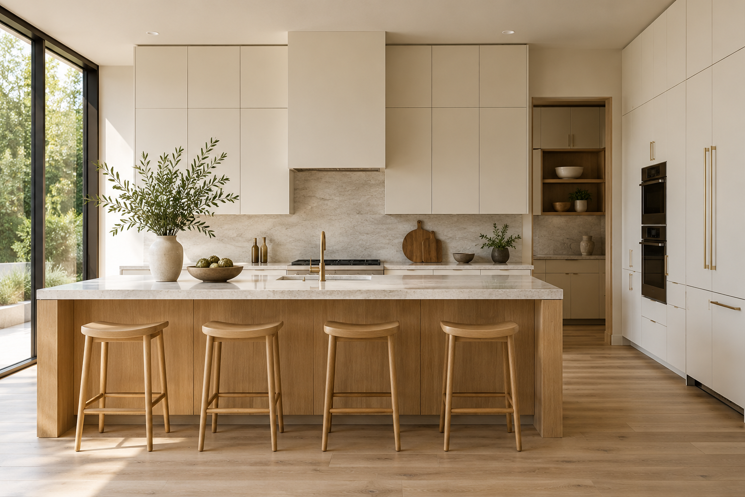 Light contemporary kitchen with ivory cabinetry and an oak island