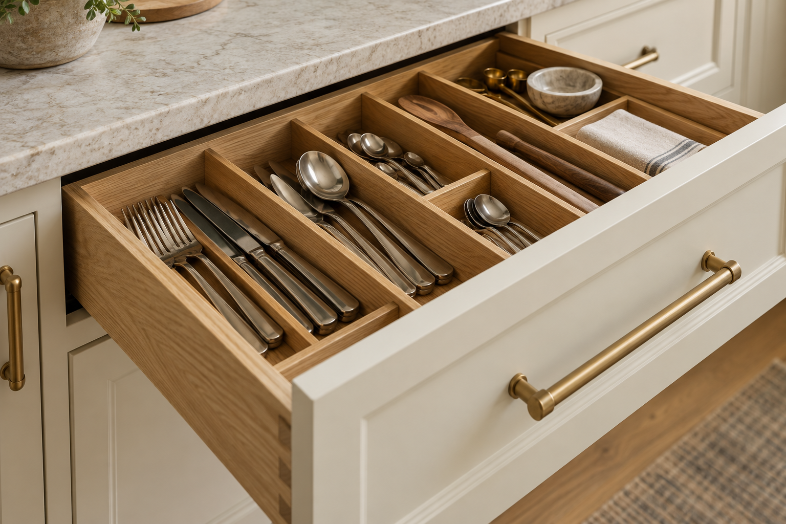 Organized oak drawer with fitted dividers and brass cabinet hardware
