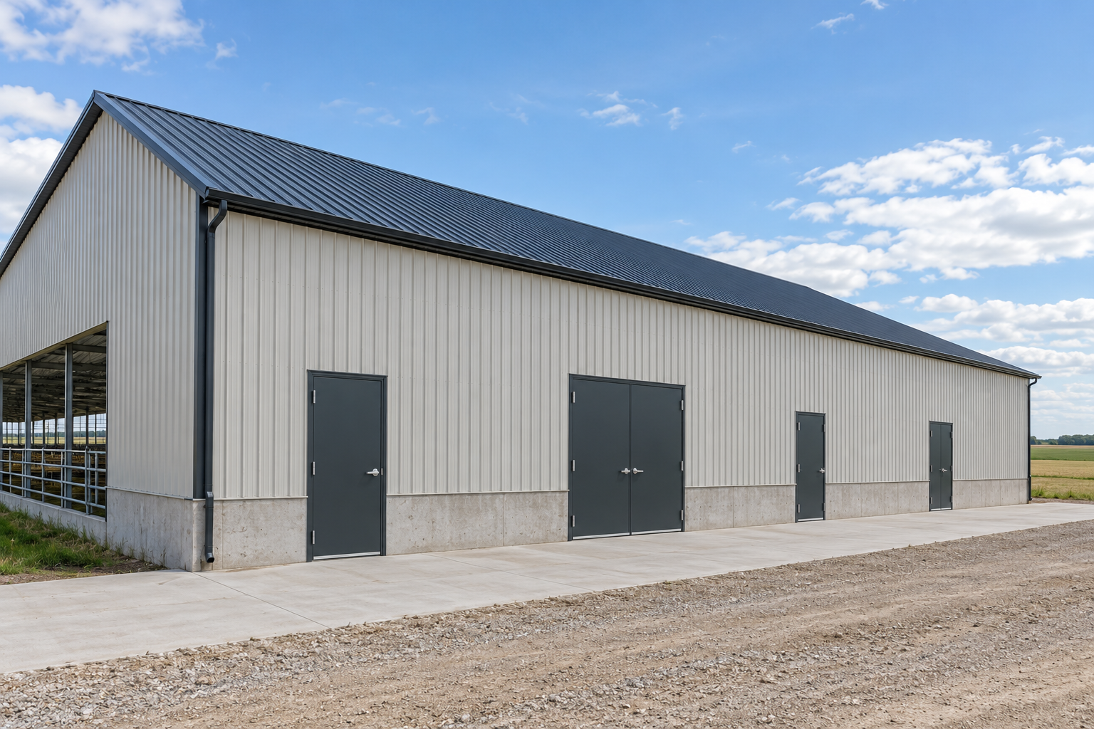 Large agricultural barn with multiple hinged steel access doors along its exterior
