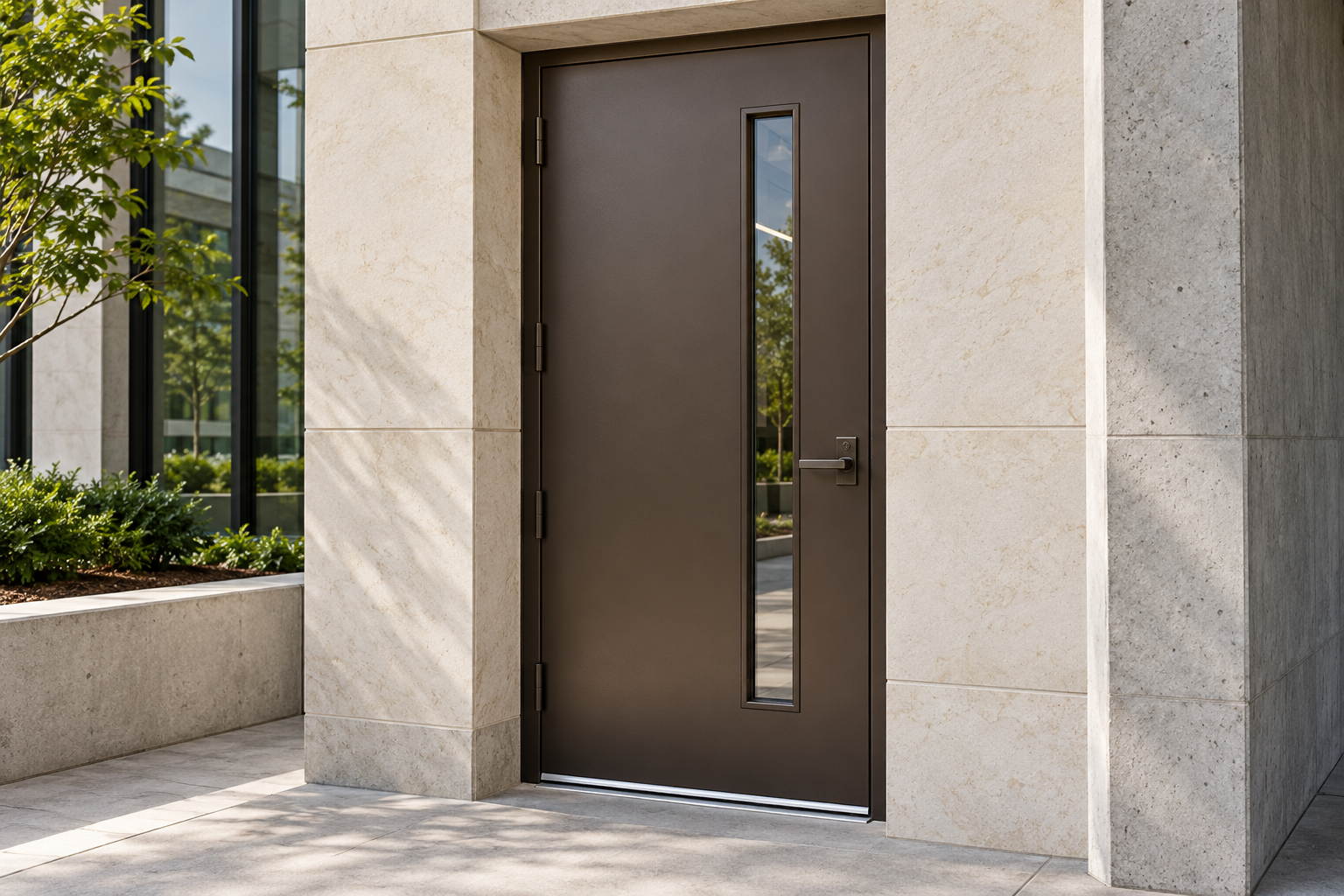 Hinged steel commercial entrance door with a narrow vision panel