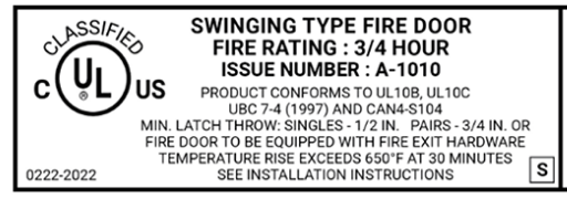 Reference cULus classified swinging fire door label showing a three-quarter-hour fire rating