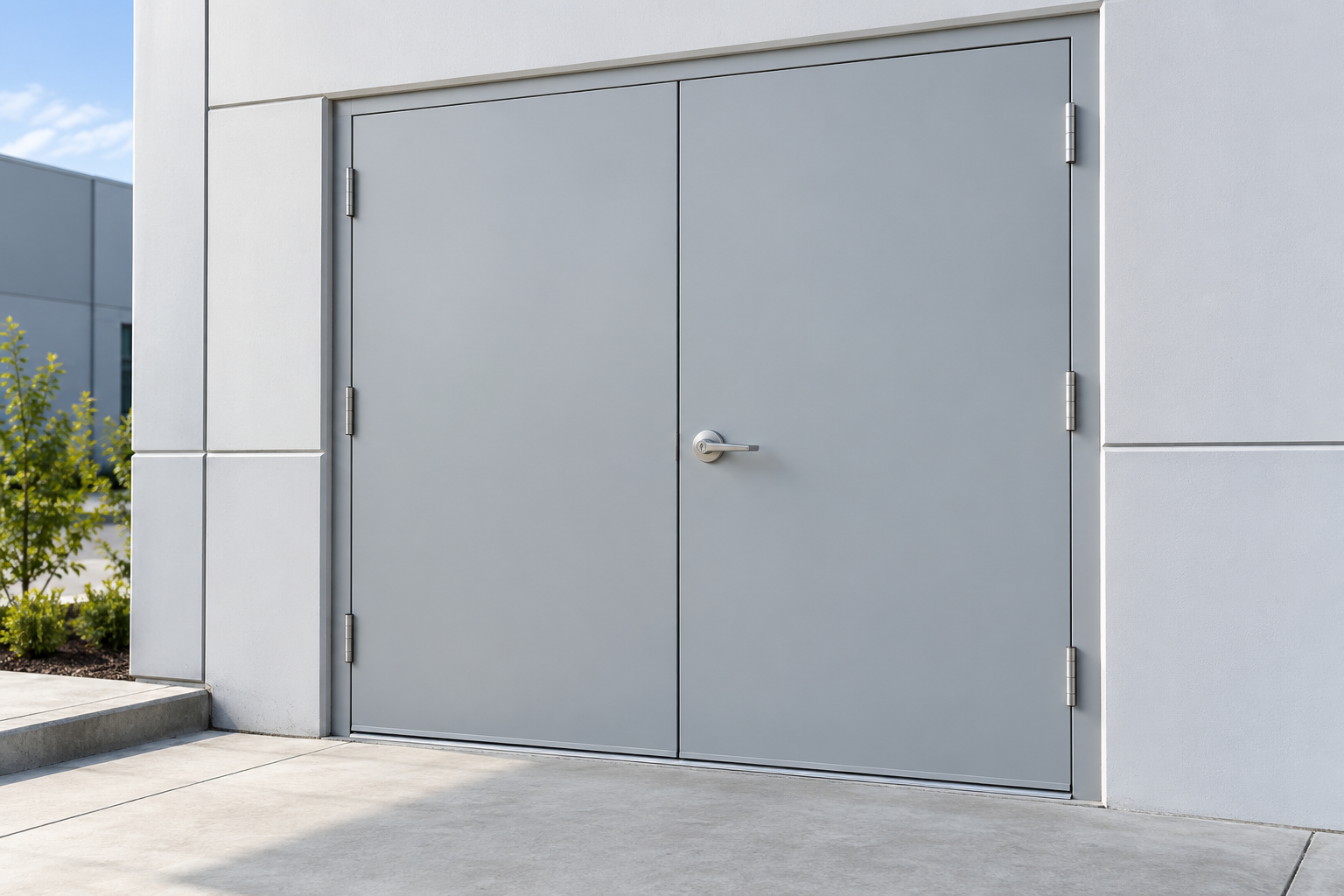 Pair of hinged grey steel service doors in a modern warehouse wall