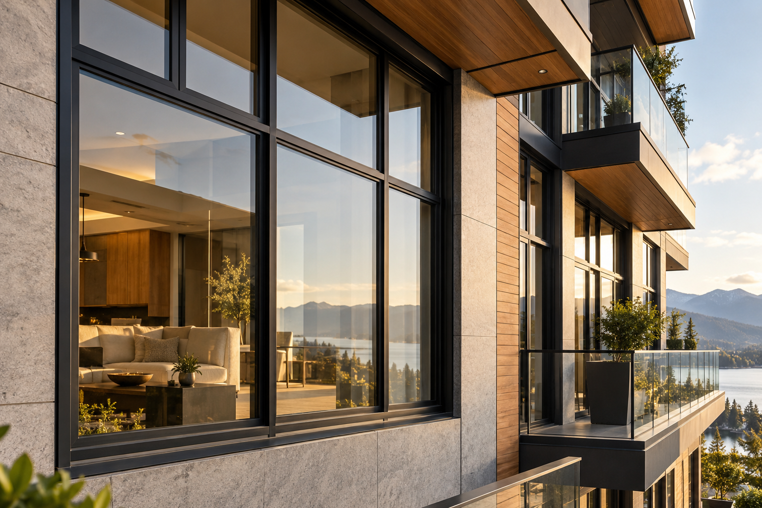 Contemporary architecture with expansive windows and warm wood finishes