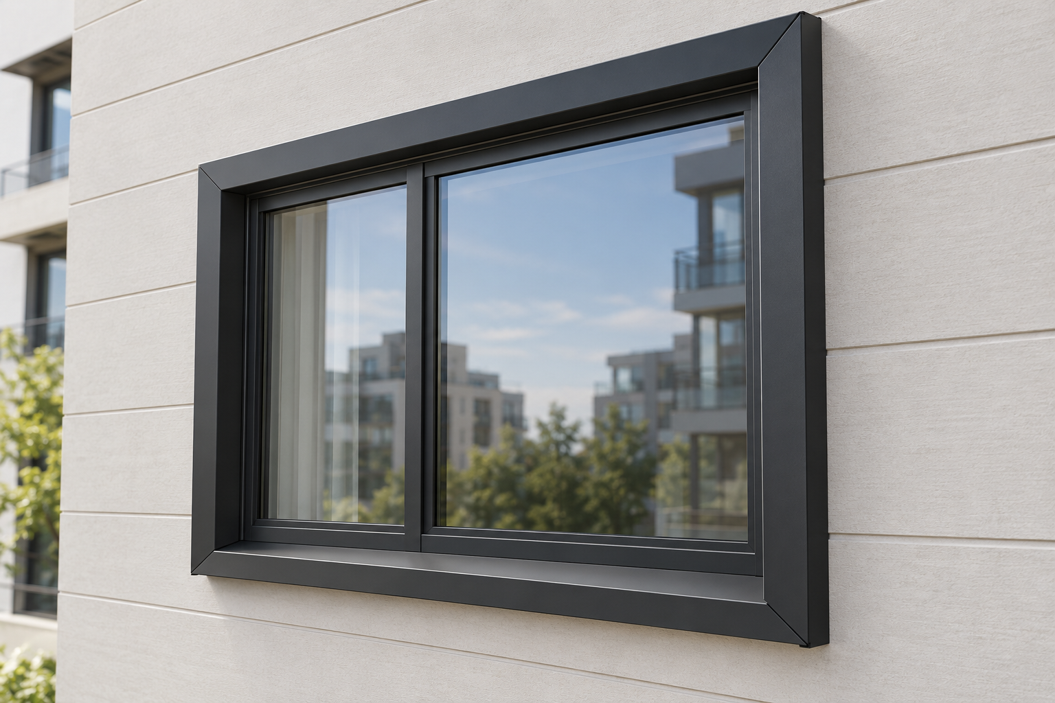 Concept visualization of a four-sided mitred aluminum window surround projecting beyond the exterior siding, with an outward-sloping sill